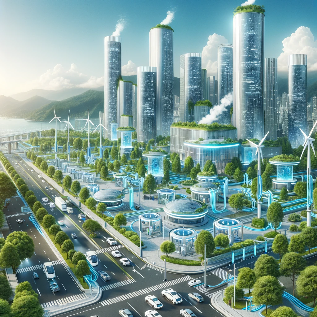 A Futuristic Cityscape Powered by Hydrogen Energy: This image portrays a city of the future, powered entirely by hydrogen energy. Sleek buildings, hydrogen fuel stations, and zero-emission vehicles are surrounded by lush greenery and clean air, embodying a vision where urban living and environmental sustainability coexist harmoniously.