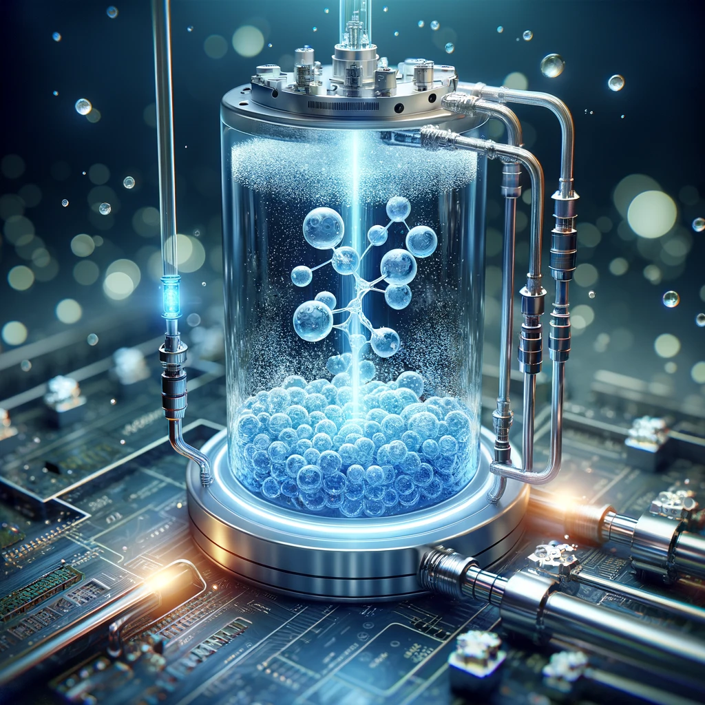 A High-Tech Hydrogen Fuel Cell in Action: Here, we see a hydrogen fuel cell magically transforming hydrogen into electricity. The process is depicted with hydrogen molecules entering the cell and electricity being generated, highlighting the clean and efficient production of energy.