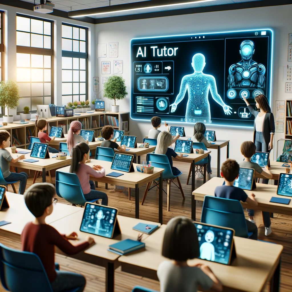 AI Educational Classroom: Children interact with an advanced AI tutor, engaging in personalized learning through interactive lessons and games. The classroom is equipped with smart educational tools, illustrating AI's transformative impact on education.