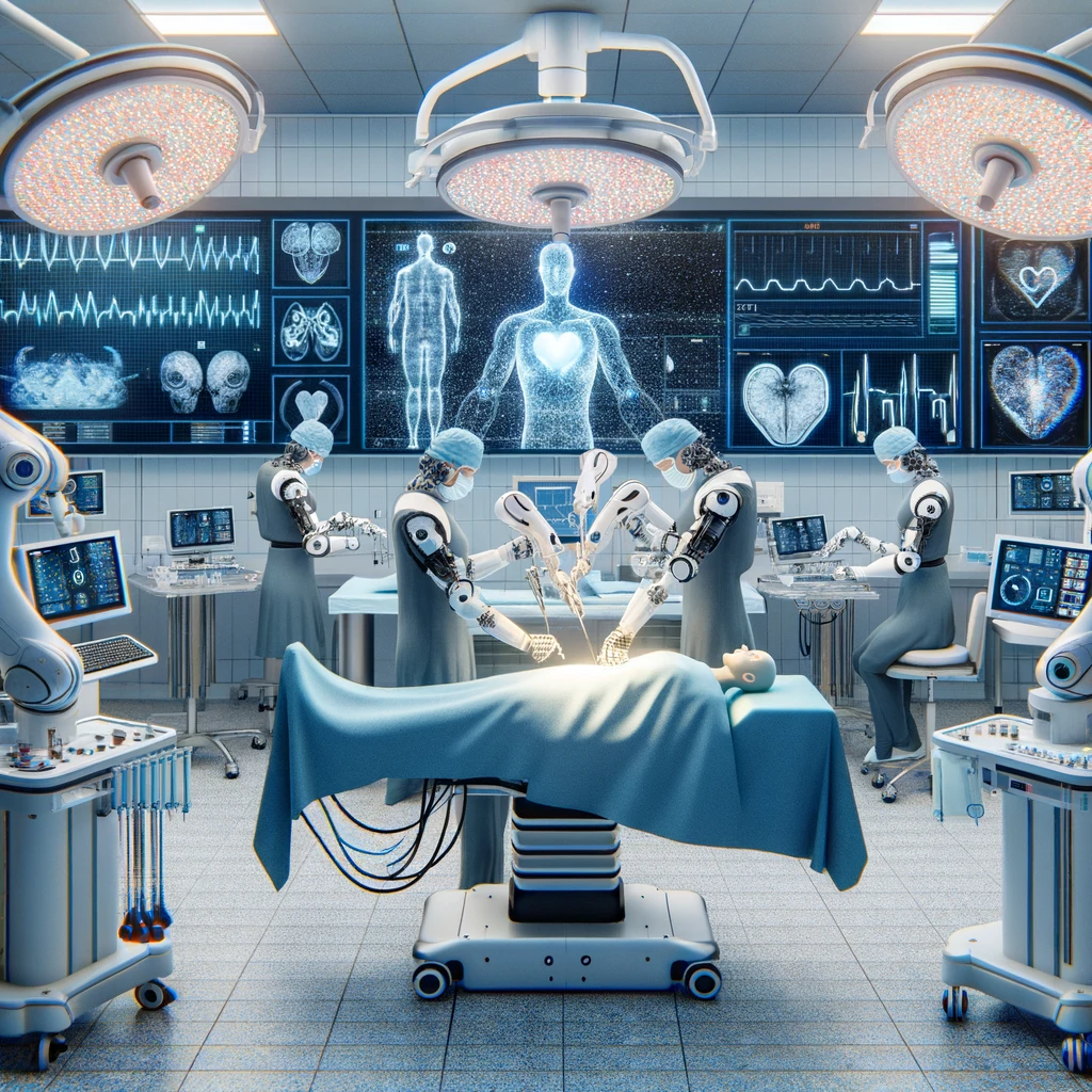 AI-Powered Healthcare Setting: Here, robots perform surgery with precision, overseen by medical staff. The operating room is outfitted with AI-controlled robotic arms and monitoring screens, emphasizing AI's role in revolutionizing patient care and surgical outcomes.