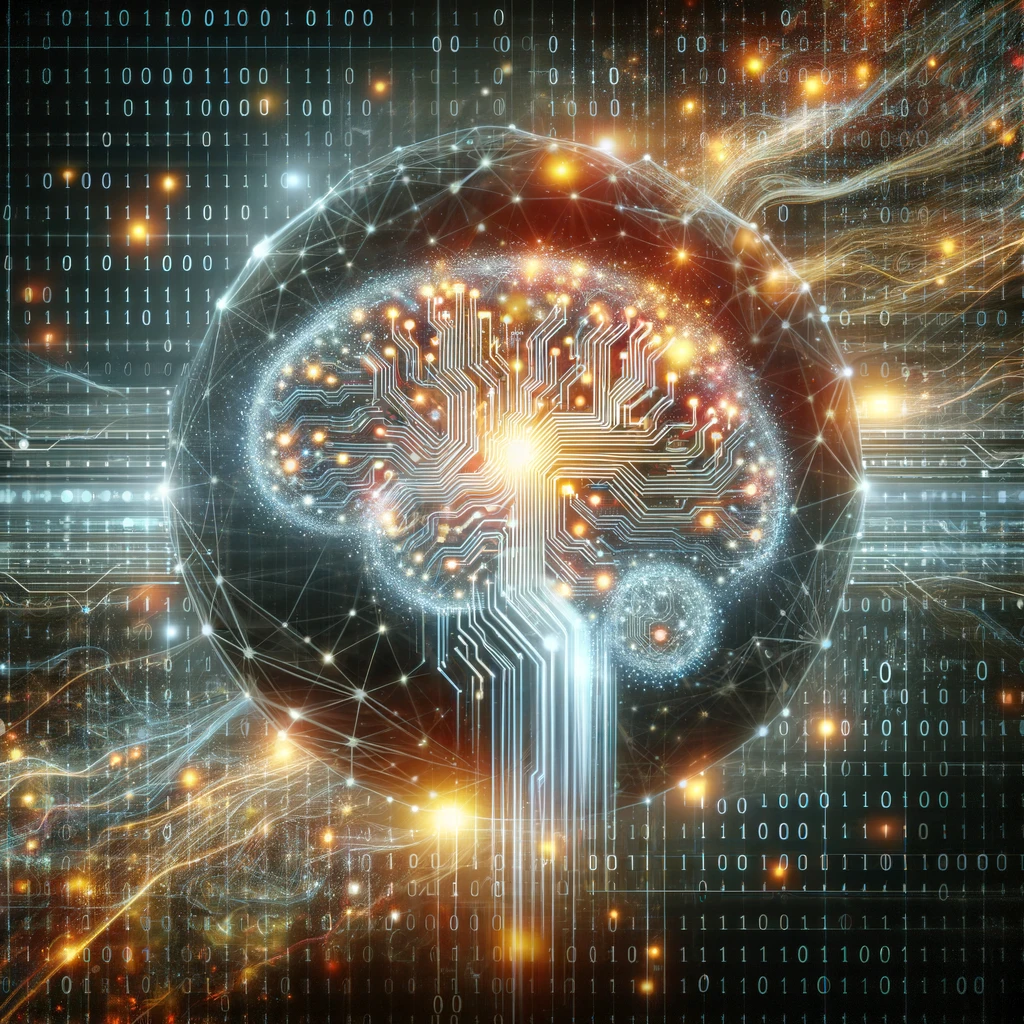 Digital Brain and Neural Networks: This image depicts an abstract representation of generative AI as a digital brain, surrounded by glowing neural networks and binary code, highlighting the complexity and intelligence of AI systems.