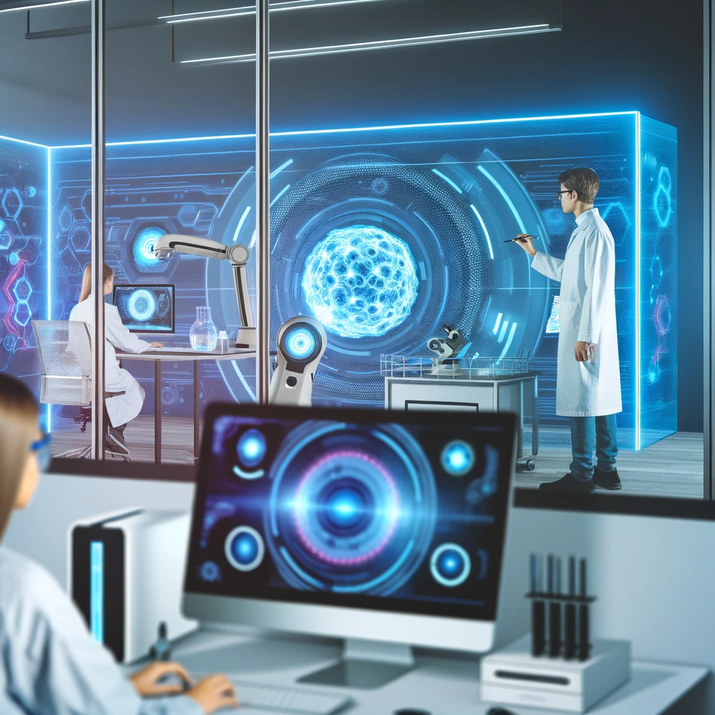 Futuristic AI Laboratory: Showcasing a high-tech laboratory where scientists engage with advanced computers and holographic displays to develop generative AI technology, this image emphasizes innovation and research in the field.