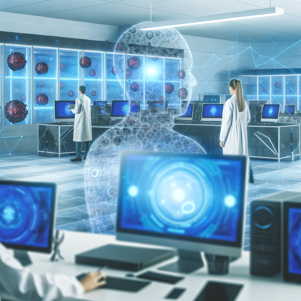 Futuristic AI Workspace: Showcasing a high-tech laboratory where scientists engage with advanced computers and holographic displays to develop generative AI technology, this image emphasizes innovation and research in the field.