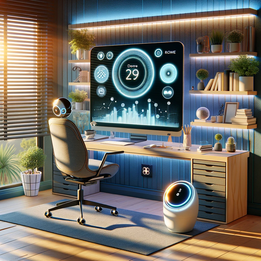Futuristic Home Office Setup: This setup includes a voice-controlled smart assistant, smart blinds that adjust to sunlight, and an ergonomic chair that adjusts to the user's posture. It showcases how home automation can enhance productivity and comfort in a home office environment.
