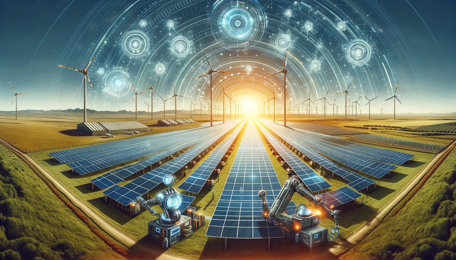 Futuristic Solar Farm: Here, you'll see a sprawling solar farm in the countryside, featuring advanced technology and robotic maintenance units. The farm operates in harmony with nature and other renewable resources, highlighting the scale of solar power generation.