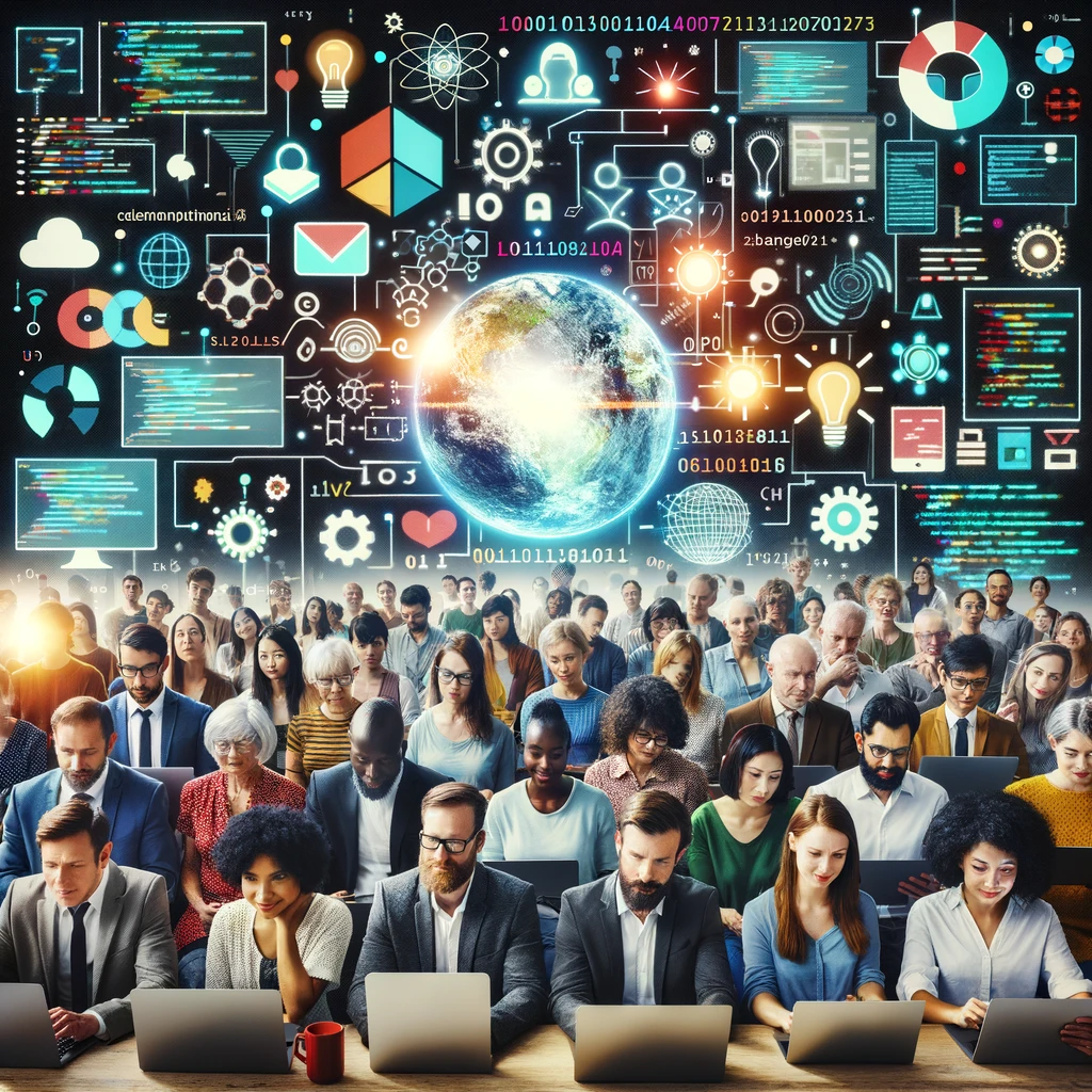 Global Collaboration in AI Development: Featuring a collage of diverse individuals from various backgrounds collaborating over a screen filled with code, this image symbolizes the inclusivity and teamwork that propel the development of generative AI across the globe.