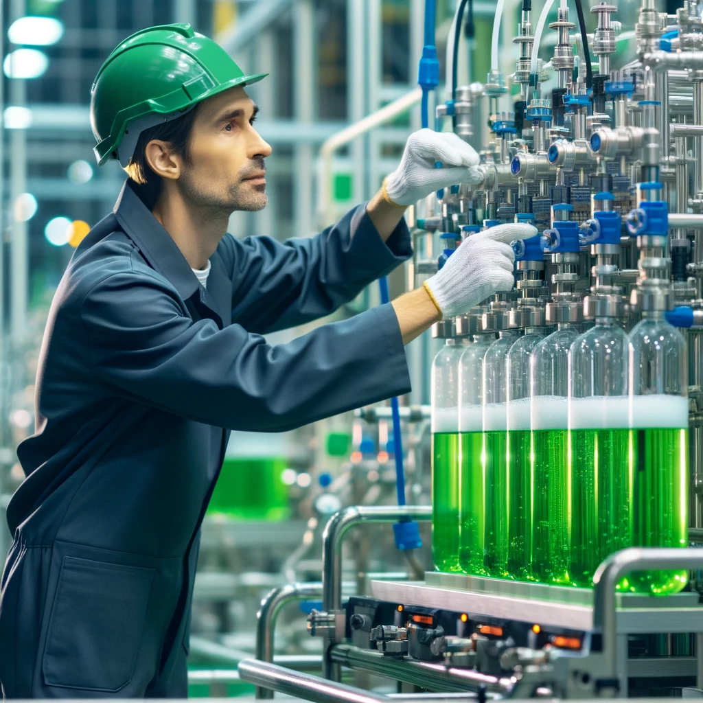 Green Hydrogen Production Plant: An engineer is shown working in a plant where green hydrogen is produced through electrolysis, splitting water into hydrogen and oxygen. This image showcases the sustainable manufacturing process behind hydrogen energy, emphasizing its role in a clean energy future.