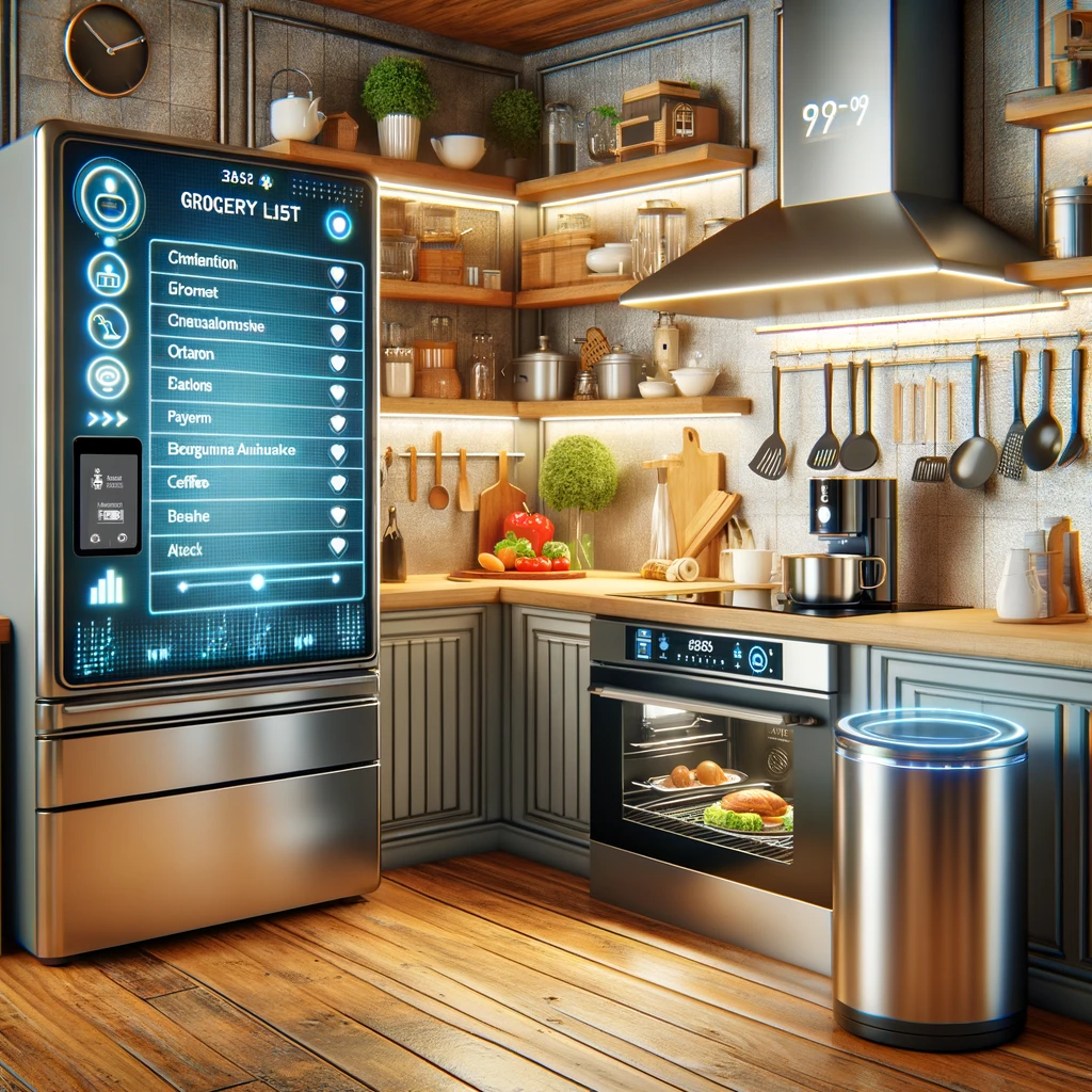 High-Tech Kitchen with Smart Appliances: The image illustrates a kitchen equipped with smart appliances such as a smart refrigerator displaying a grocery list, a smart oven controlled via smartphone, and a coffee maker programmed to brew coffee at a set time, making cooking and meal planning more efficient and enjoyable.