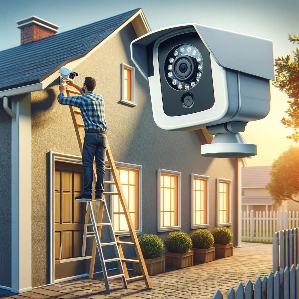 Installing a Wireless Security Camera: This image shows a person mounting a wireless security camera on the exterior of their home. It captures the DIY spirit of enhancing home security by strategically placing cameras to monitor outdoor activity.