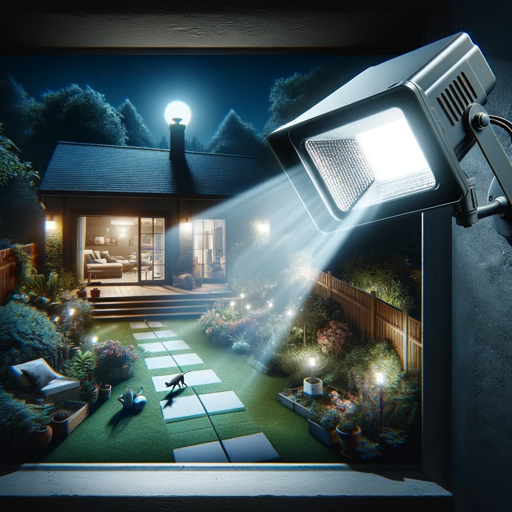 Motion-Activated Floodlight: This night scene illustrates a backyard illuminated by a motion-activated floodlight, triggered by movement. It highlights the effectiveness of integrating lighting with security measures to deter unauthorized entry or activity around the home.