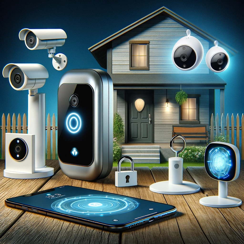 Smart Home Security Setup: Featuring a smart doorbell with facial recognition, outdoor security cameras with motion detection, and a smart lock that can be remotely controlled, this image emphasizes the peace of mind and enhanced security provided by smart technology in home safety measures.