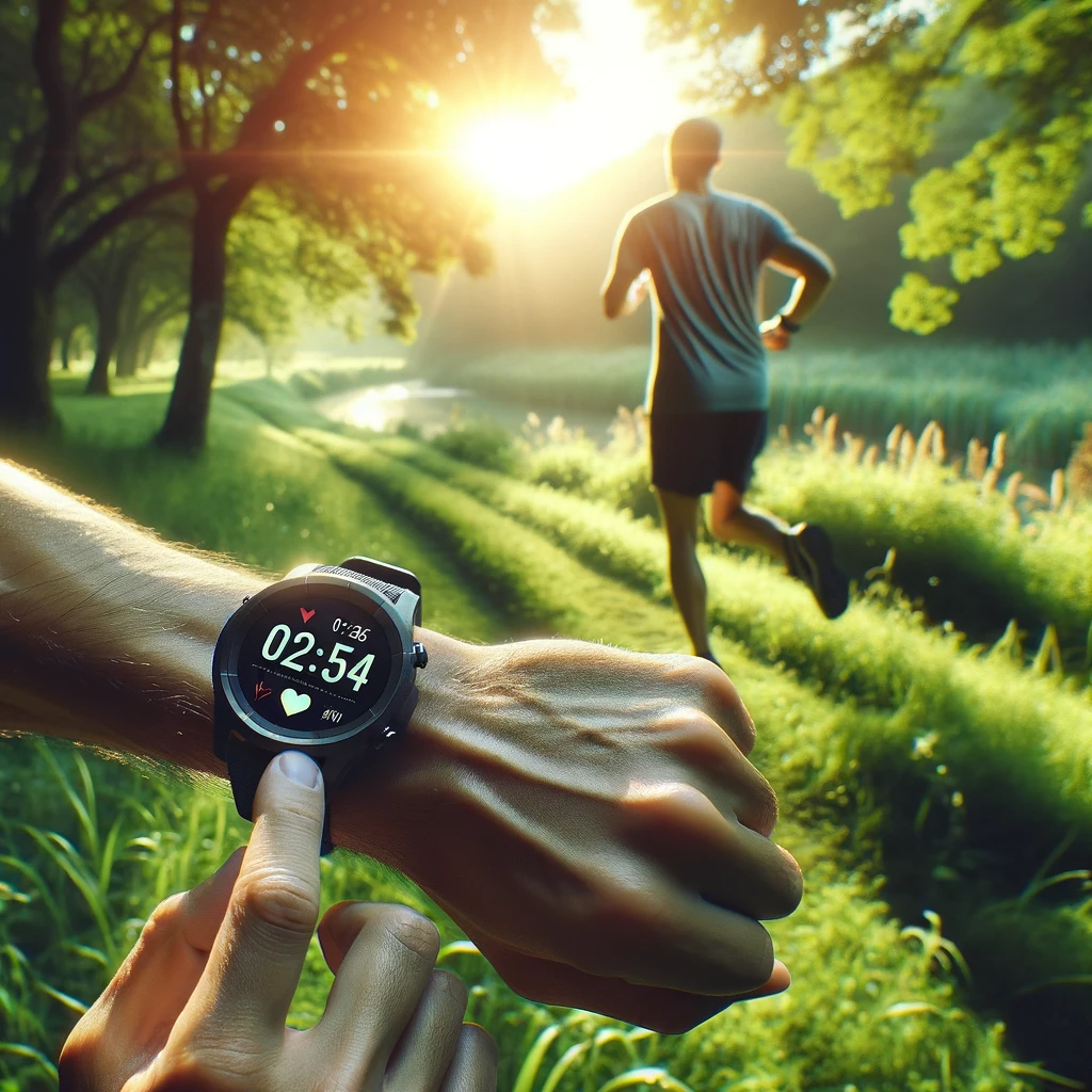 A Fitness Enthusiast Jogging: Showcasing a fitness enthusiast in a park, using a sporty smartwatch to monitor their heart rate and distance, highlighting the blend of technology and health consciousness.