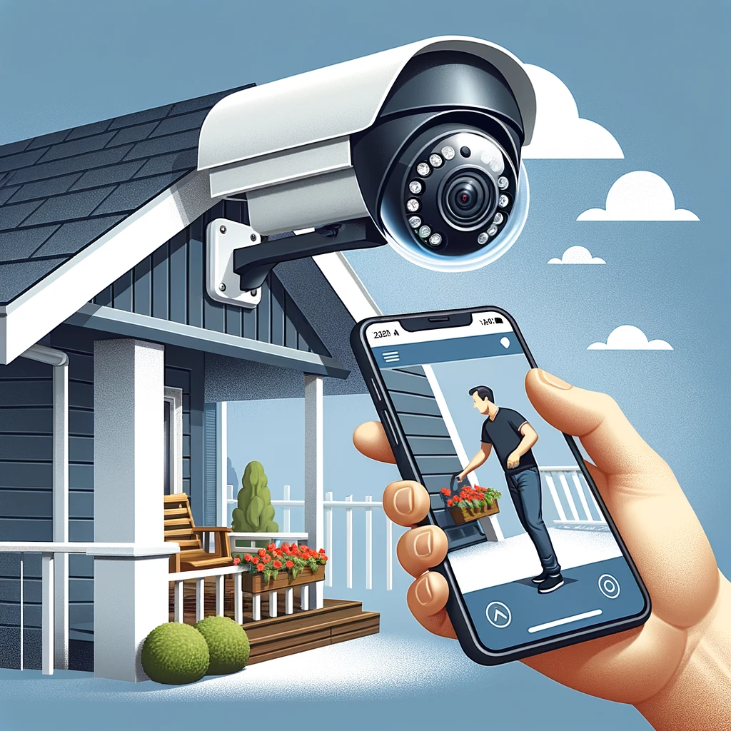 Adjusting the Dome Camera: The illustration captures a homeowner adjusting the angle of a dome camera mounted under the eaves of their house to cover the driveway. A smartphone in the other hand displays the live feed from the camera.