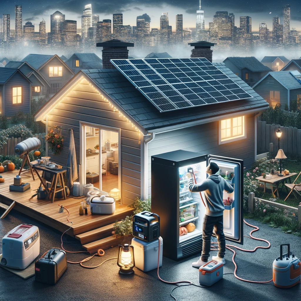 Emergency Power with a Solar Generator: A person setting up a solar generator outside their home during a power outage, illustrating the use of portable solar power for emergency backup.