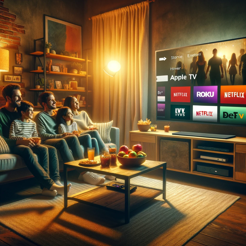 Family Movie Night: The fourth image portrays a family gathered on a sofa, enjoying a movie night streamed through devices like Roku or Apple TV, highlighting the joy and convenience of streaming content at home.